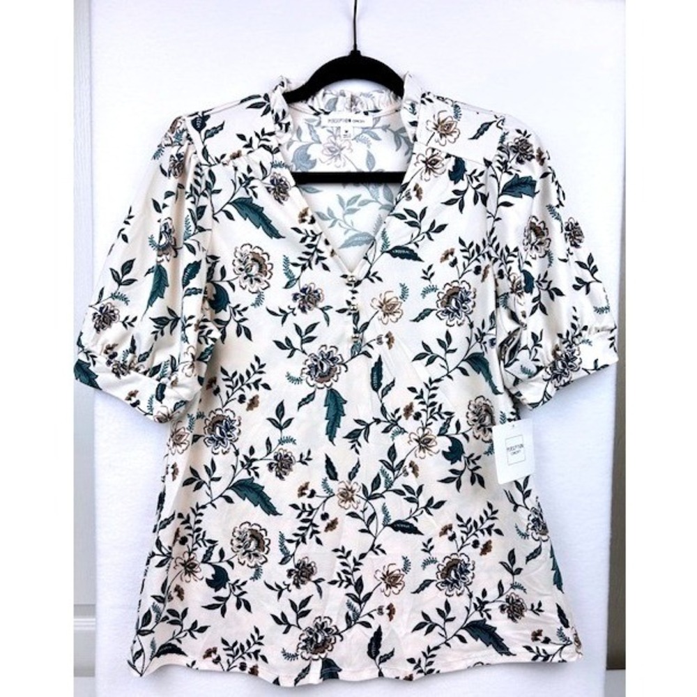 Perception Concept Blouse Cream Teal Floral Puff Sleeve Women Medium